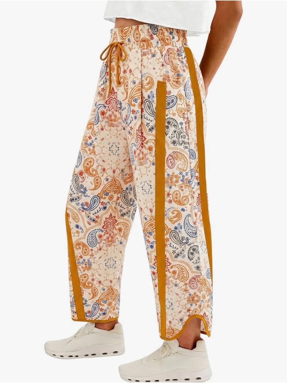 Amazon Cream Paisley Wide-Leg Drawstring Pants with Mustard Trim